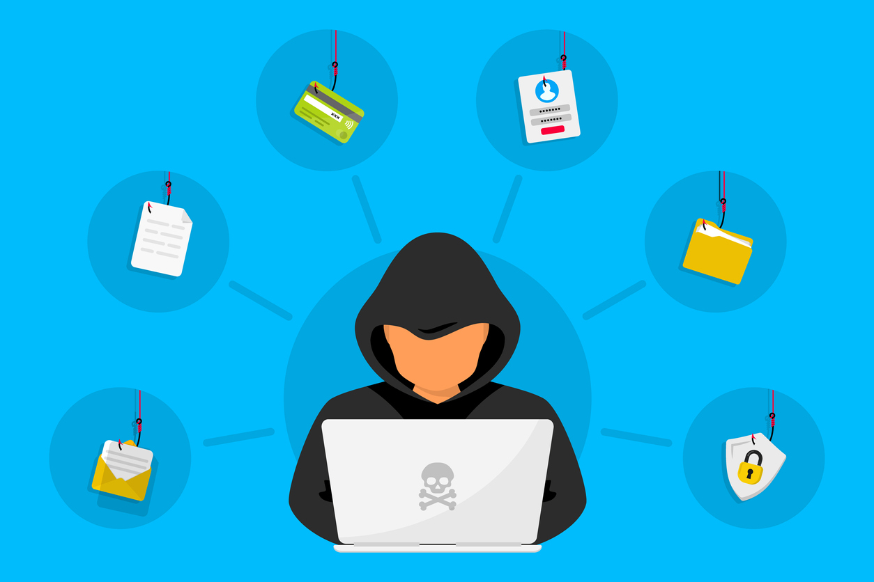 cartoon image of a hacker with a laptop and possible online scams