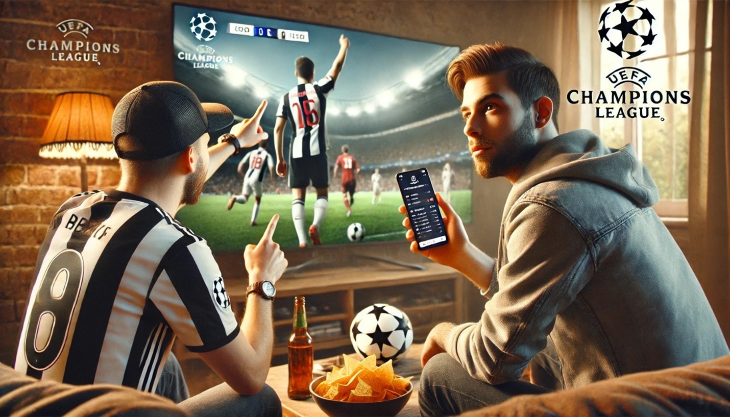 Football fans watch a Champions League match and bet online for their team