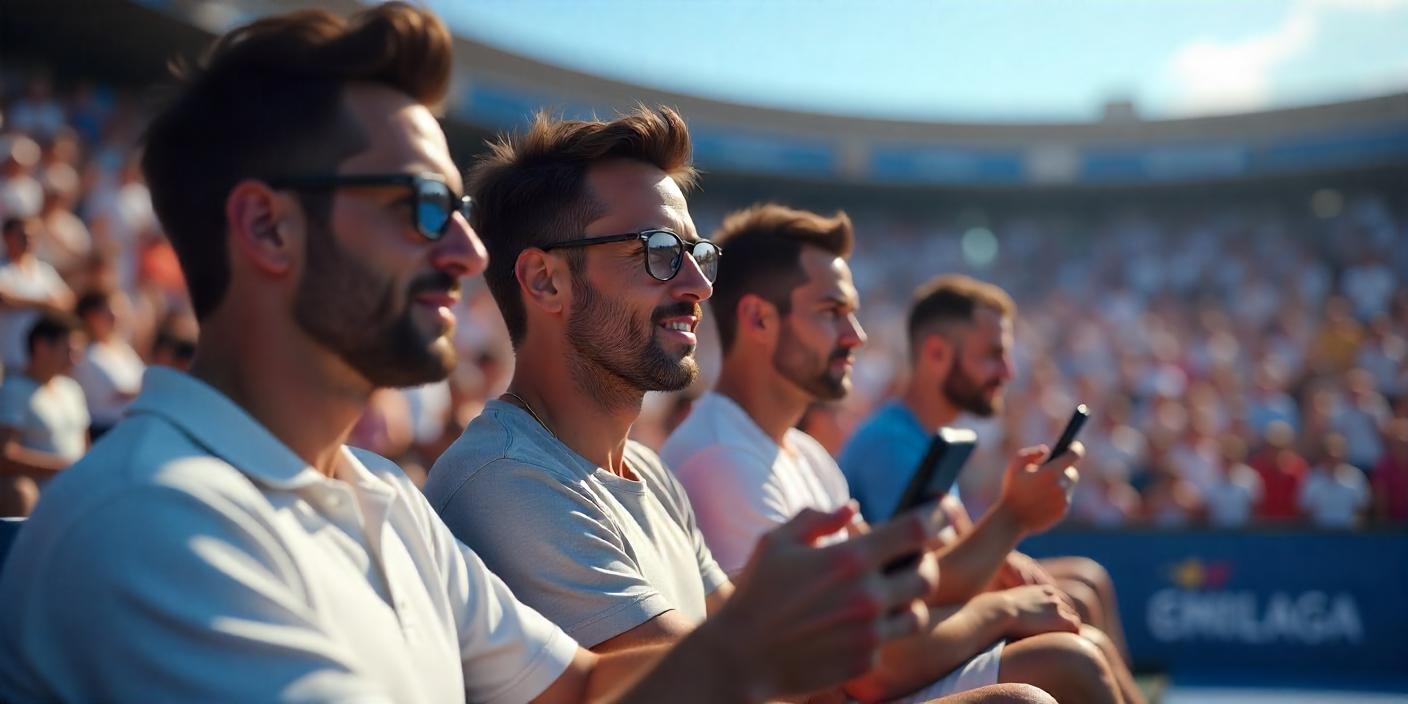 four men watching a tennis tournament and betting on their phones in an online casino about the outcome of the tennis match