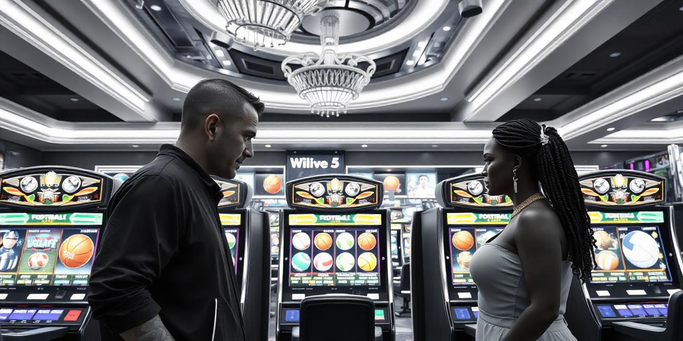 man and woman standing in a casino hall with sports slots