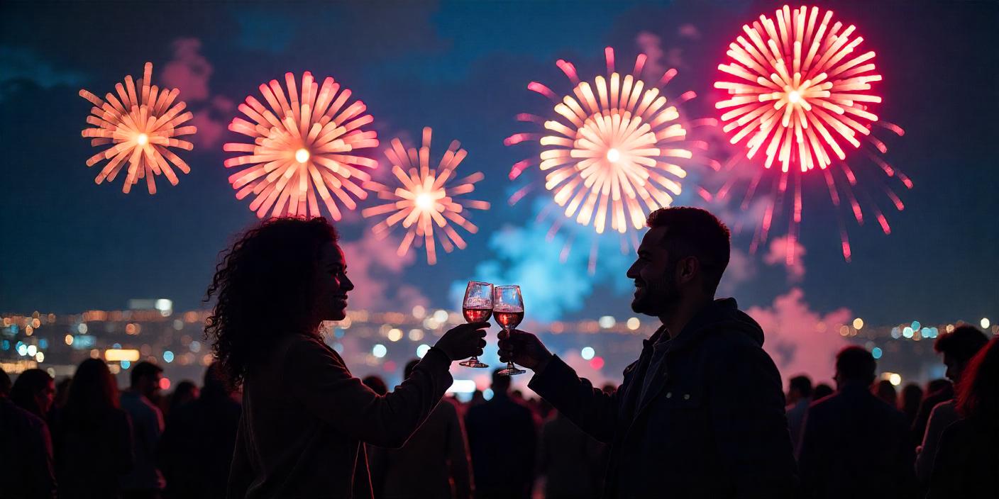 A man and a woman welcome the new year against a backdrop of fireworks