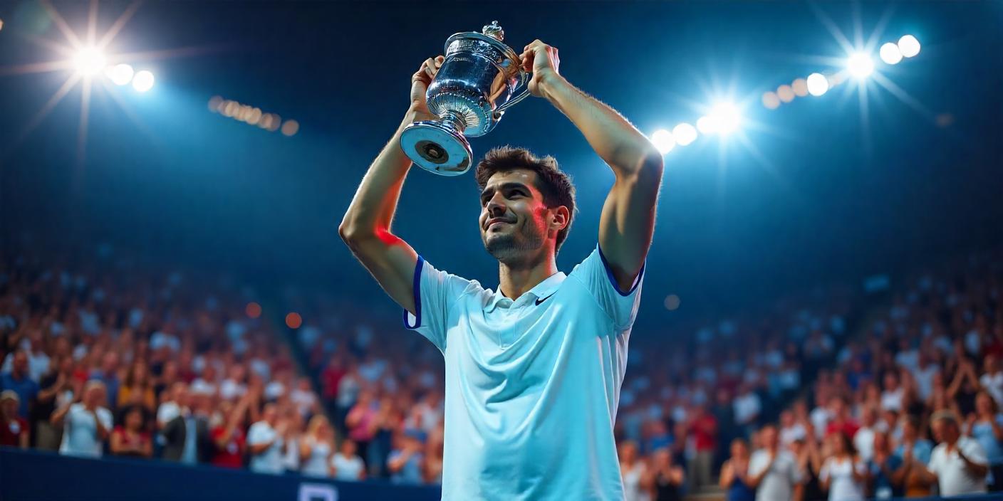 Spanish tennis player Carlos Alcaraz holds the US Open trophy