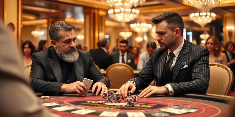 two men are gambling at baccarat in a casino