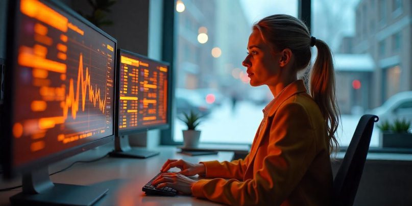 woman in front of two screens